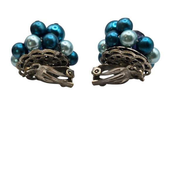 Vintage Japan Bead Cluster Earrings Clip-On Teal Blue Faux Pearl Mid Century - Picture 4 of 7